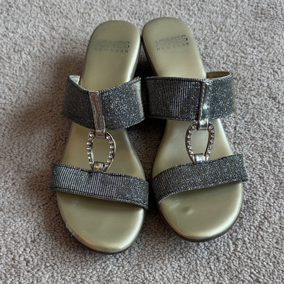 Jones New York Shoes - Jones New York Metallic Silver and Gunmetal Rhinestone Slide Sandals